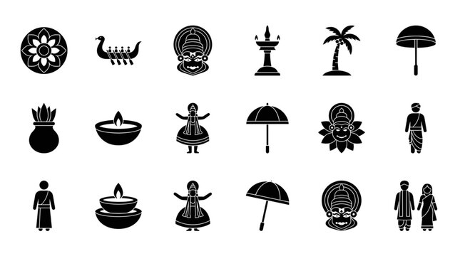 Black silhouette Onam festival vector icons set isolated on white. Featuring Kathakali face, snake boat, Mahabali, traditional umbrella, diya lamp, and Kerala cultural elements.