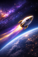 Obraz premium Rocket launching into space above Earth with glowing galaxy background