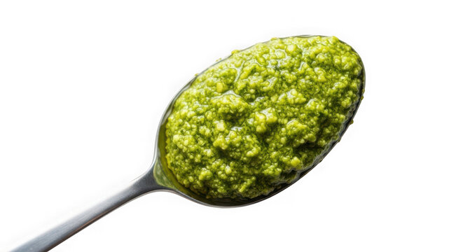 Spoon filled with vibrant green pesto sauce isolated on transparent background
