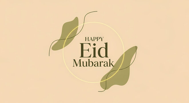 Eid Mubarak Greeting Card with Leaves on Beige Background.