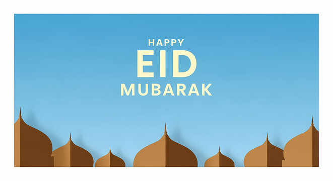 Eid Mubarak greeting card with mosque silhouettes against blue sky.