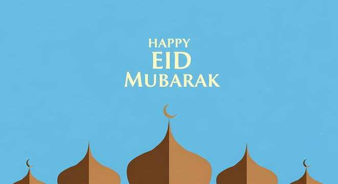 Eid Mubarak greeting card with mosque silhouettes and festive design.