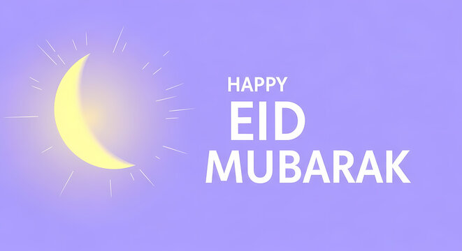 Eid Mubarak Greeting with Crescent Moon on Purple Background.