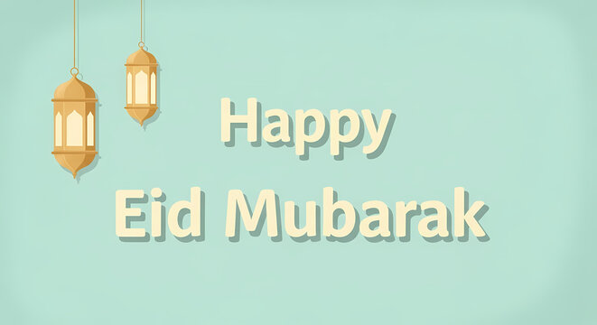 Eid Mubarak greeting card with hanging lanterns on light green background.