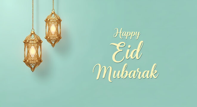 Eid Mubarak celebration with traditional lanterns on turquoise background.