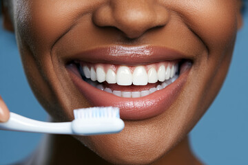 Fototapeta premium A close up of a Afro-American woman brushing her teeth and smiling as a concept of hygiene and care on blue background