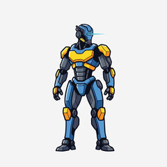 Fototapeta premium Robot character in blue and yellow armor standing alone