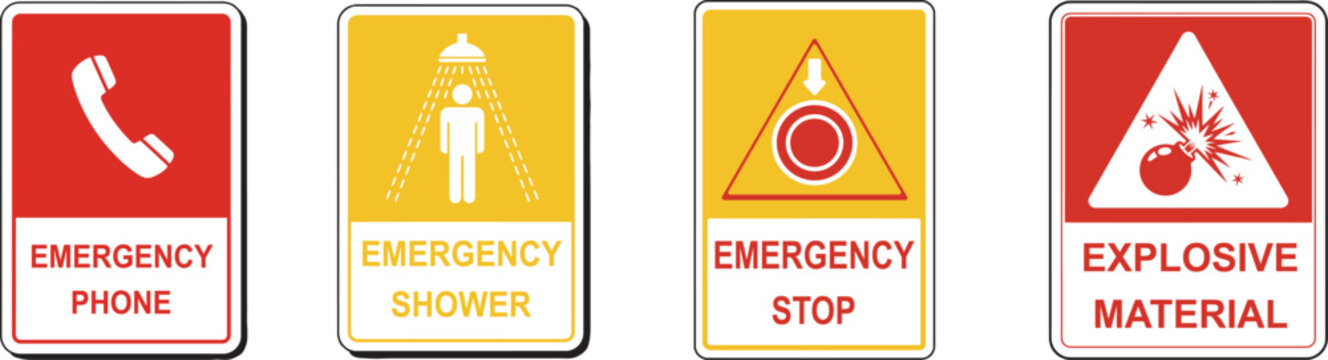 Emergency signs and labels phone shower stop explosive