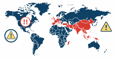 World map highlighting countries affected by various health warnings and alerts © Mamun