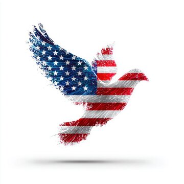 American flag painted as a dove of peace soaring against a white background