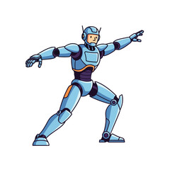 Naklejka premium Robot character in dynamic pose with arms outstretched and legs apart on white background