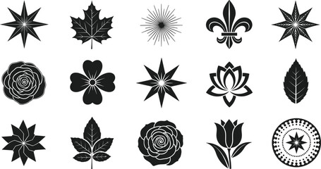 Collection of black silhouette icons featuring various rose flowers, lotus, tulip, maple leaves, stars, fleur de lis, and decorative botanical symbols for graphic design. © Itz  Parvin