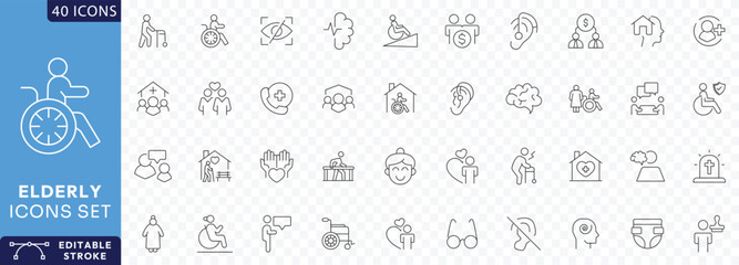 Elderly icons set. Containing retirement, old, pension, senior, grandparents, wheelchair, alzheimer, caregiver,  Etc. Fully Editable. Vector illustration.
