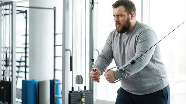 Bearded overweight man performing a standing cable crossover exercise in the gym
