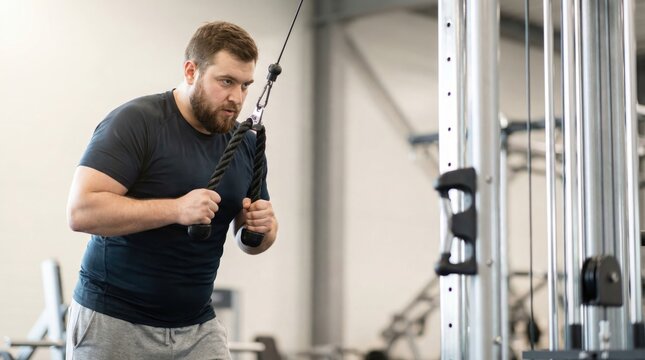Overweight bearded man performing a triceps pushdown exercise on a cable machine