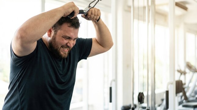 Overweight man showing intense effort while doing a triceps pushdown exercise
