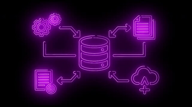 Neon-lit illustration of a database with interconnected icons for data management on a black background with purple glow.