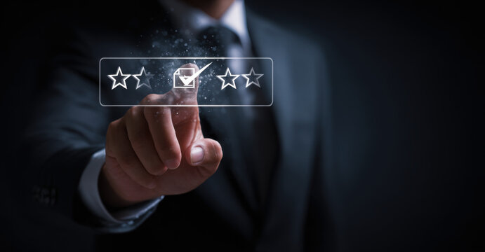 Quality assurance concept with five-star rating and check mark icon in hand, representing approval process, compliance, verified documents, standard control, business trust and customer satisfaction.