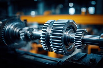 Fototapeta premium Close-up of industrial metal gears on a shaft, showcasing precision engineering and mechanical complexity