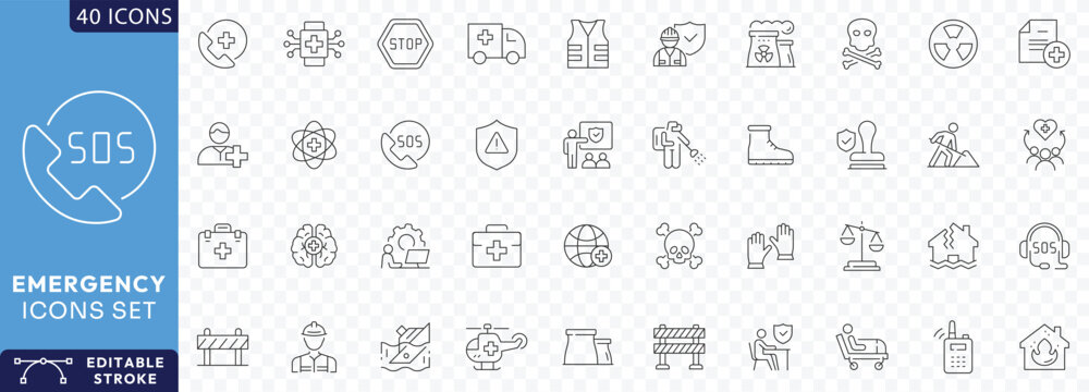 Emergency outline icon set. Containing Evacuation, SOS emergency call, ambulance, help, emergency hotline, exit, Etc. Fully Editable. Vector illustration.