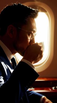 Sophisticated Businessman Enjoying Coffee on Private Jet for Luxury Travel Advertisements. Vertical. Video. Portrait Orientation.