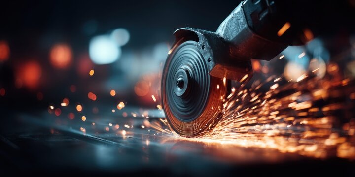 Close-up of an angle grinder creating a shower of bright orange sparks against a dark background