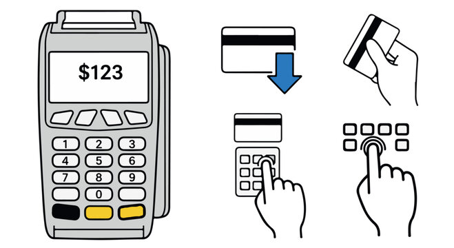 Payment terminal with credit card and chip card transaction process illustration