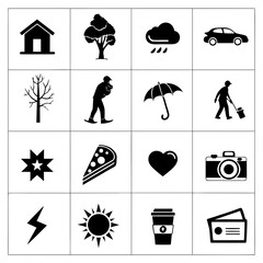 Assortment of 16 Black and White Icons: Weather, Nature, Food, and Lifestyle Elements