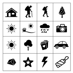 Set of 16 Black and White Icons Representing Travel, Weather, Home, and Lifestyle