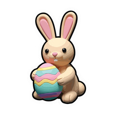 Obraz premium Charming three-dimensional cartoon bunny, soft tan fur, holds large pastel striped Easter egg, with sweet expression.
