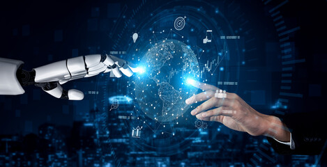 AI connecting global business network, processing data exchange, analyzing economic trends, and...