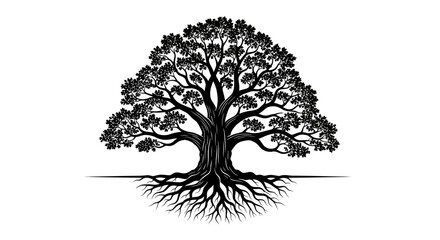 Obraz premium Black silhouette illustration of a tree with extensive roots and leafy canopy on a white background, symbolizing the World Forest Day and International Day of Forests.