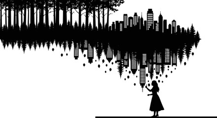 Naklejka premium Black silhouette illustration of a girl standing under a floating cityscape and forest ecosystem on World Forest Day with a natural and international design theme.