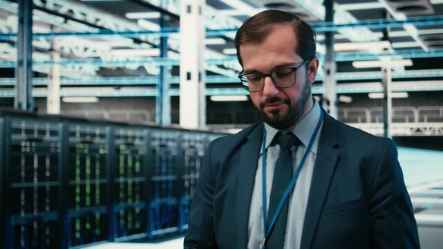 Engineer walks in data center offering enterprise solutions for cloud storage hosting companies. Worker oversees hardware supporting AI driven services enabling machine learning tasks, camera A