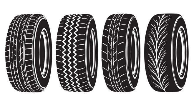 Four different car tires with unique tread patterns on Transparent Background for automotive industry
