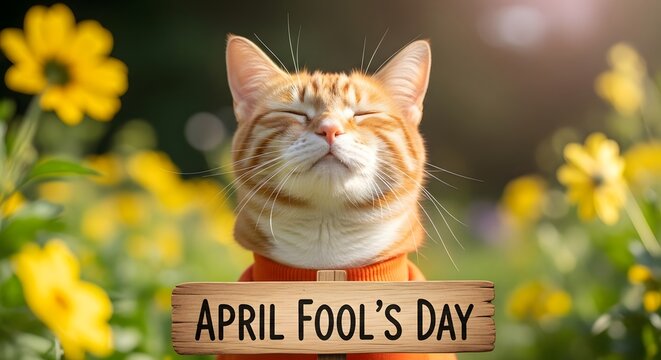 Playful orange cat celebrating april fool's day in a sunny field