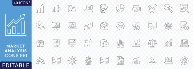 Market Analysis line icon set. Containing market, growth, sales, trends, market, research, strategy, Etc. Fully Editable. Vector illustration.