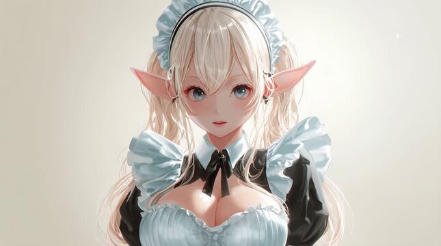 Animated 3D Anime Elf Maid Woman Smiling Gracefully in Plain Background Setting