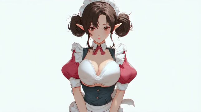 Animated 3D Anime Elf Maid Woman Smiling Gracefully in Plain Background Setting