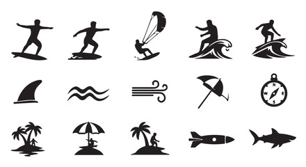 Black silhouette icons of surfers, kitesurfers, beach symbols, and ocean creatures on Transparent Background.