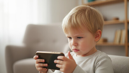 Young boy intently looking at a smartphone screen at home.