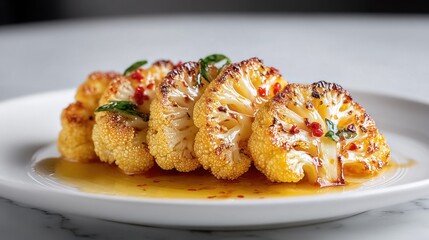 Gourmet roasted cauliflower steaks with chili flakes and herbs served in a savory sauce