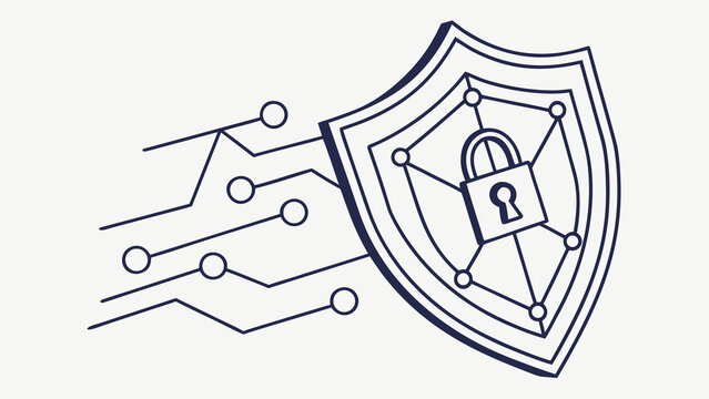 Clean line art icon representing cyber security, featuring a shield symbol for data protection and online safety.