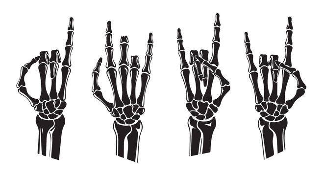 Four skeletal hands in different rock on gestures against a Transparent Background, symbolizing music and rebellion.
