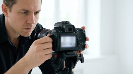Focused male photographer adjusting professional camera settings on a tripod