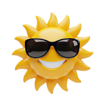 Cheerful yellow sun character wearing black sunglasses and smiling isolated on a transparent background
