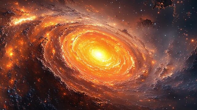 Celestial Fireball: A breathtaking depiction of a swirling galaxy ablaze with cosmic fire, its core radiating immense energy amidst a canvas of stardust.