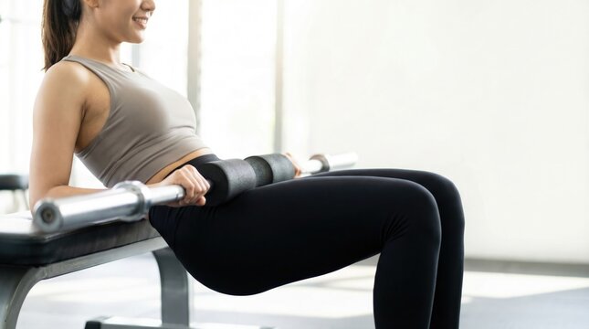 Woman performing a barbell hip thrust exercise for glutes on a bench in the gym