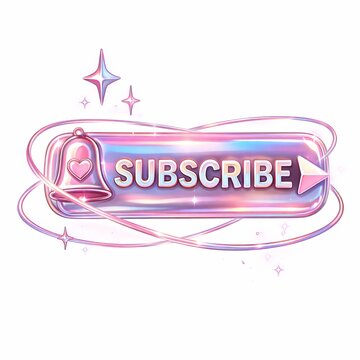 Glossy pink holographic subscribe button with heart icon in 3D cartoon style