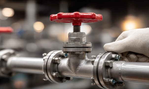 Close-up of a gloved hand adjusting a red valve on industrial piping system
